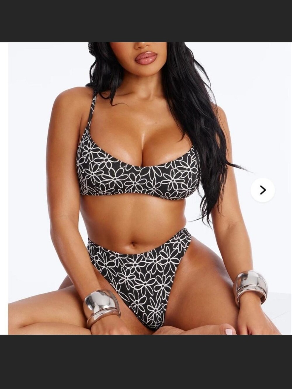 Chelley Flower Texture Bralette 3 Piece Bikini & Bucket Hat Set - Black/White NW